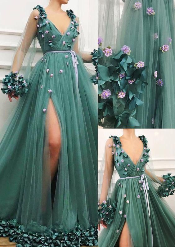 Deep V-Neck Dark Green Party Dresses 3D Floral Appliques Decoration A Line Evening Gowns Prom Dresses cg19680