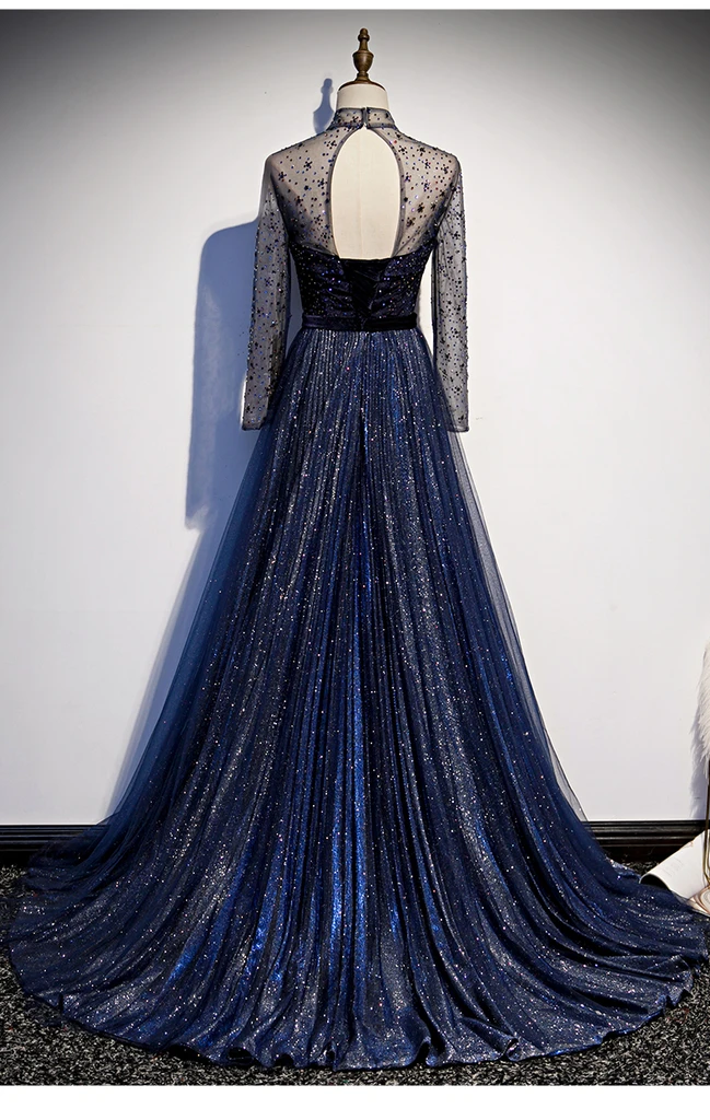 Navy Blue Long Sleeves Shiny Sparkle Long Evening Dress, Sequins Blue Wedding Party prom Dress cg19682