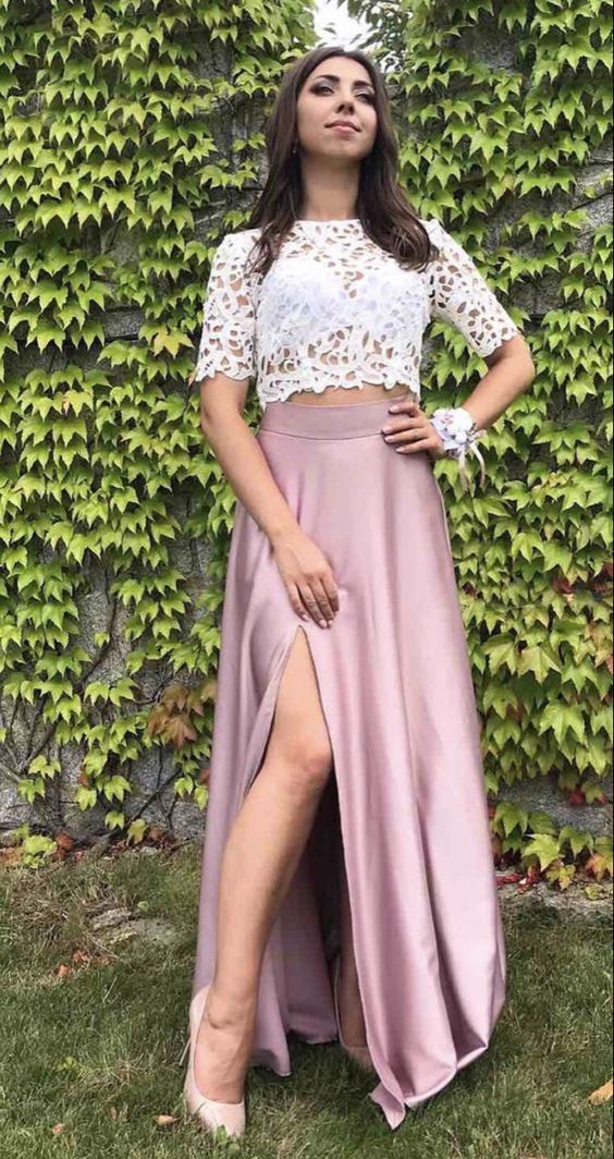 Elegant mauve satin slit prom dresses two piece formal gown lace crop cg19688