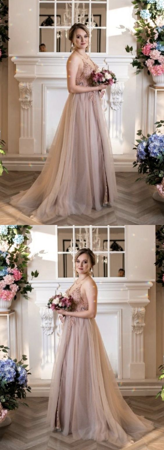Elegant Nude Pink Tulle Split Prom Dresses Beaded V Neck Spaghetti Straps Formal Gown cg19723