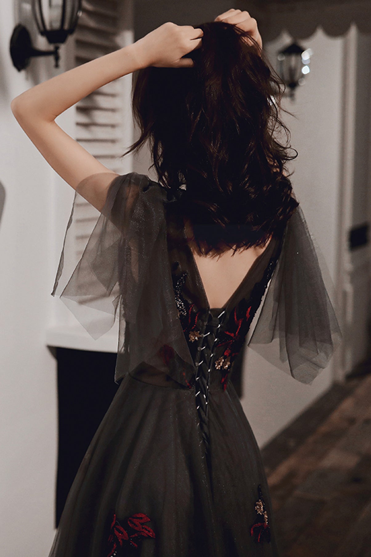 BLACK LACE LONG PROM DRESS BLACK EVENING DRESS cg19735