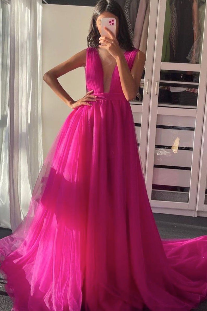 Plum red v neck tulle long prom dress tulle formal dress cg19776