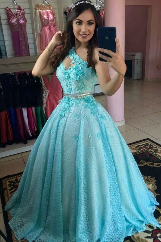Blue Lace One Shoulder Two Pieces Long Prom Dress cg19779