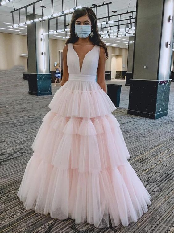 V Neck PinkTulle Long Prom Dresses, Pink Tulle Long Formal Evening Dresses cg19795