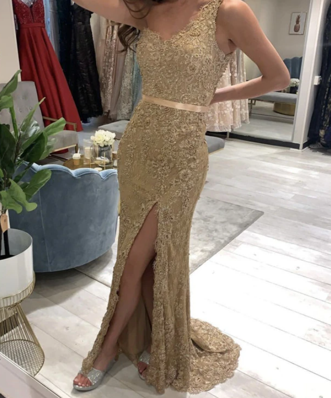 Prom Dresses One Shoulder Lace Mermaid Split Dresses cg19805