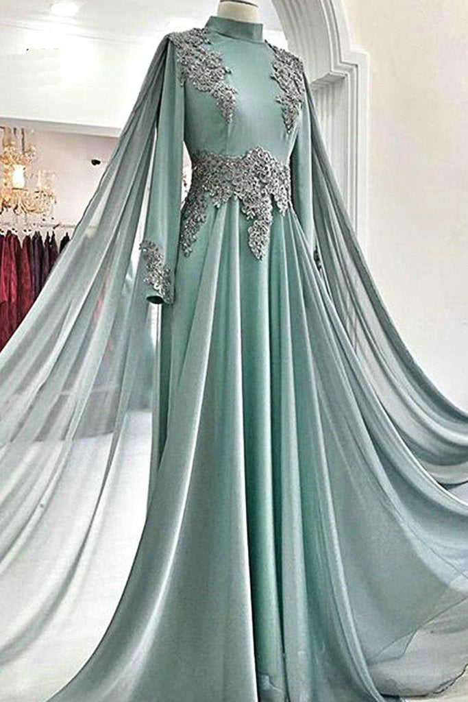 Green Tulle Sweep Train High Neck Long Arabic Prom Dress, Evening Dress With Sleeves cg19808