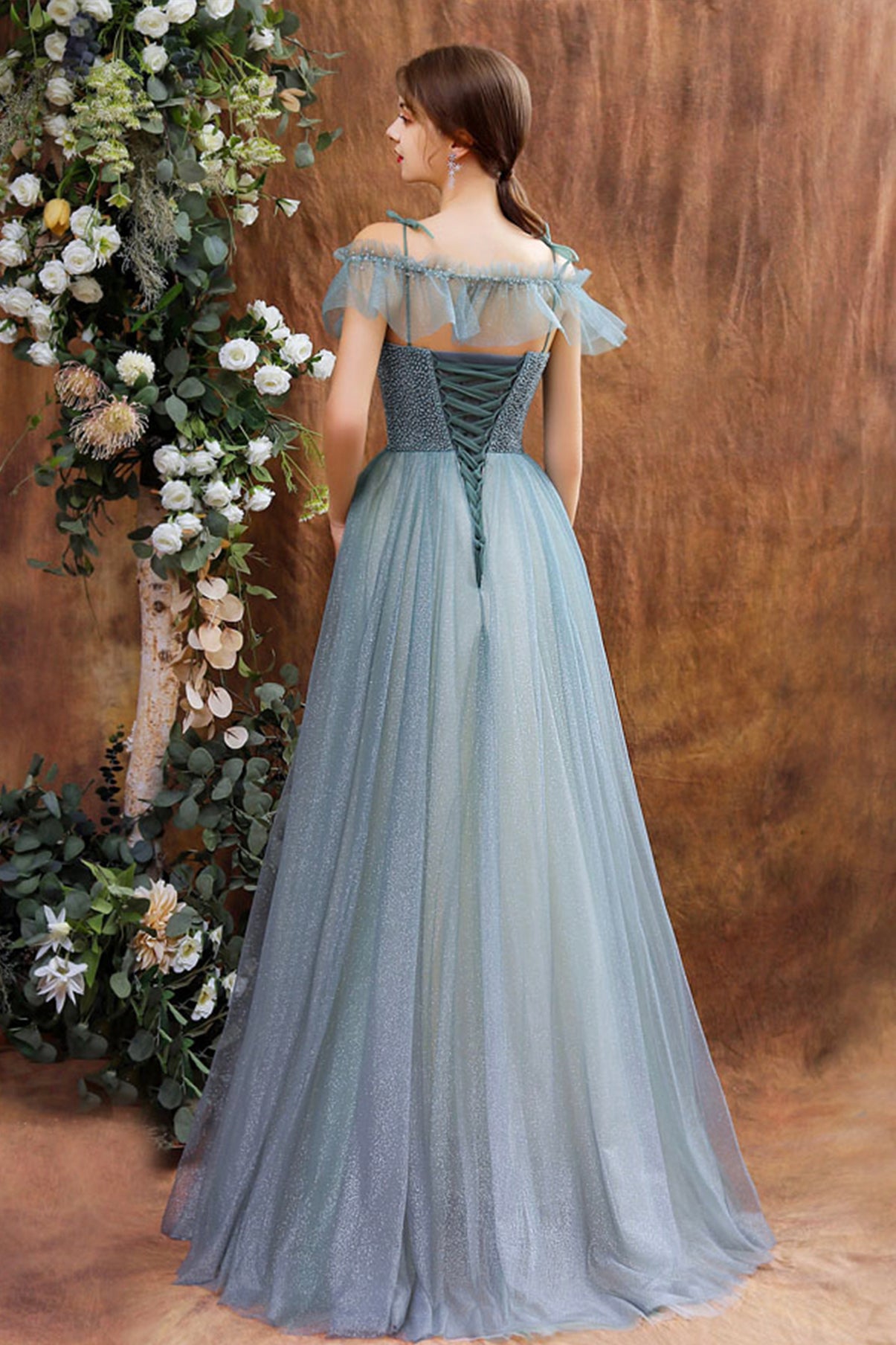 SHINY TULLE BEADS LONG PROM DRESS BLUE EVENING DRESS cg19810