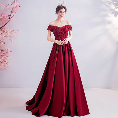 Off the Shoulder Red Lace Appliqued Prom Dress cg19813
