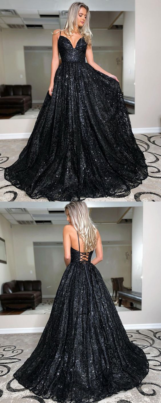 Spaghetti Straps Black Sequin A-line Prom Dress cg19823