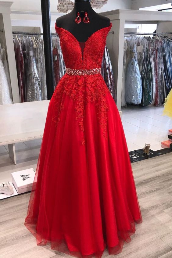 Off the Shoulder Red Long Prom Dress with Appliques cg19830