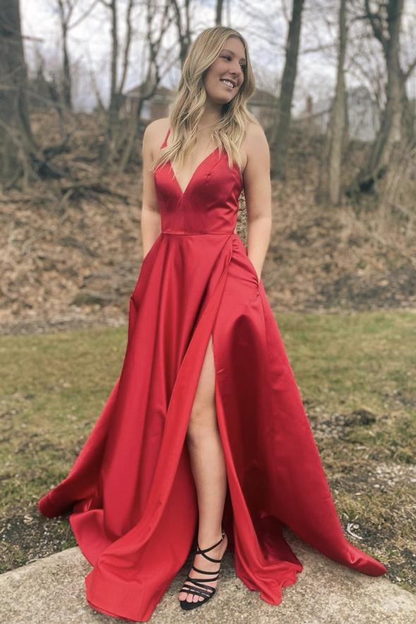Red v neck satin long A line prom dress evening dress cg19834