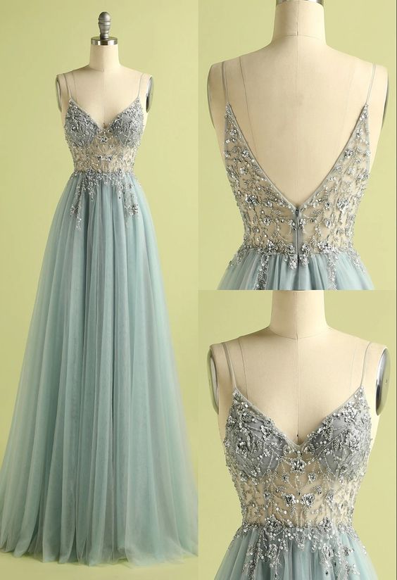 Vintage Prom Dresses, V-neck Slit Tulle Dress cg19854