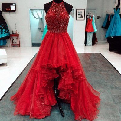 Beaded Halter Organza Ruffles High Low Prom Dresses,Red Heavy Handmade Wedding Bridal Gown cg19859