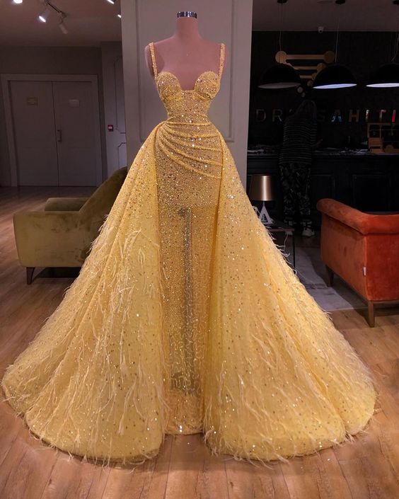 Elegant tulle ball gown prom dresses long yellow evening gown cg19863