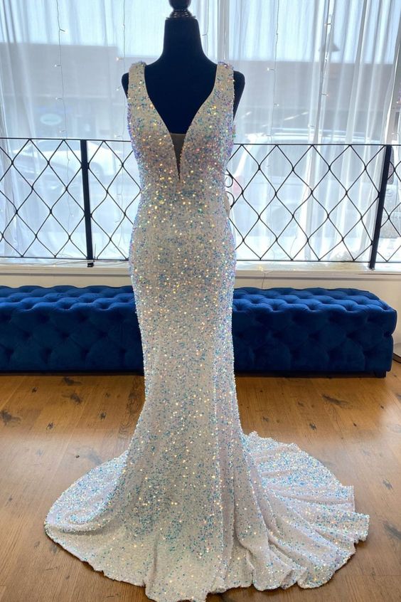 mermaid white and blue sequined long prom dress evening dress cg19896