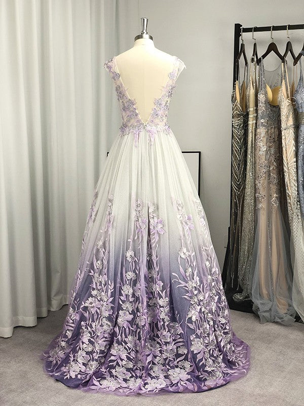 A-Line/Princess V-neck Tulle Applique Sleeveless Floor-Length prom dress cg19899
