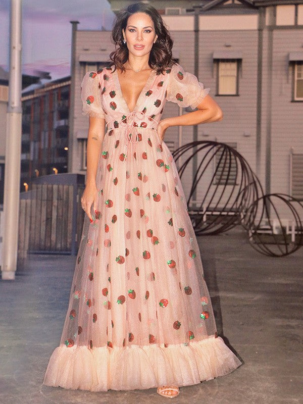 A-Line/Princess Tulle Ruffles V-neck Short Sleeves Floor-Length prom dress cg19900