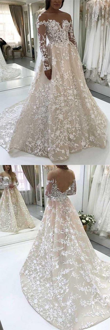 Elegant A-Line Illusion Beteau Long Sleeves Ivory Lace Wedding prom Dress cg19903