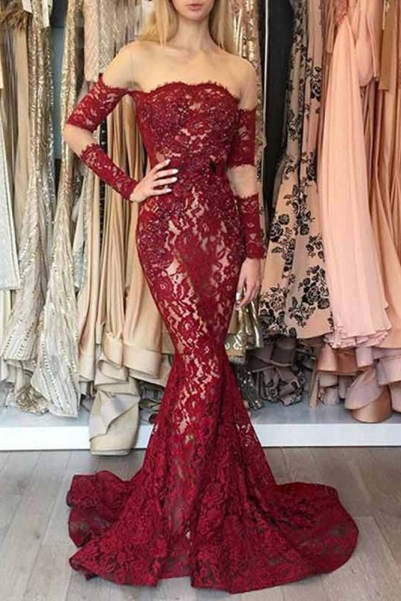 Mermaid Long Sleeves Dark Red Off the Shoulder Lace Prom Dresses with Train cg19904