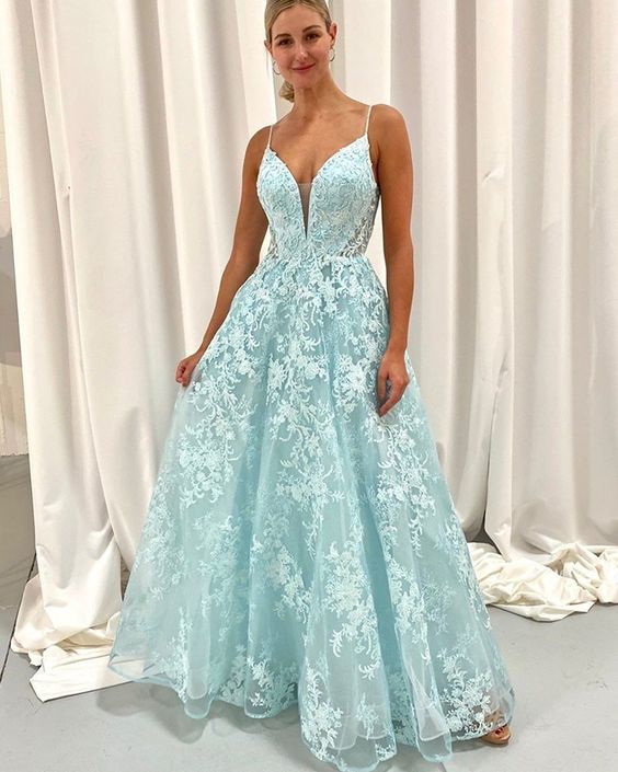 Spaghetti Straps Mint Lace Tulle A-line Prom Dress cg19915