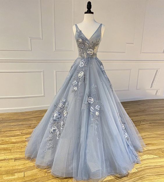 Gray Tulle V Neck Long A Line Embroidery Halter Dress Prom Dress cg19916