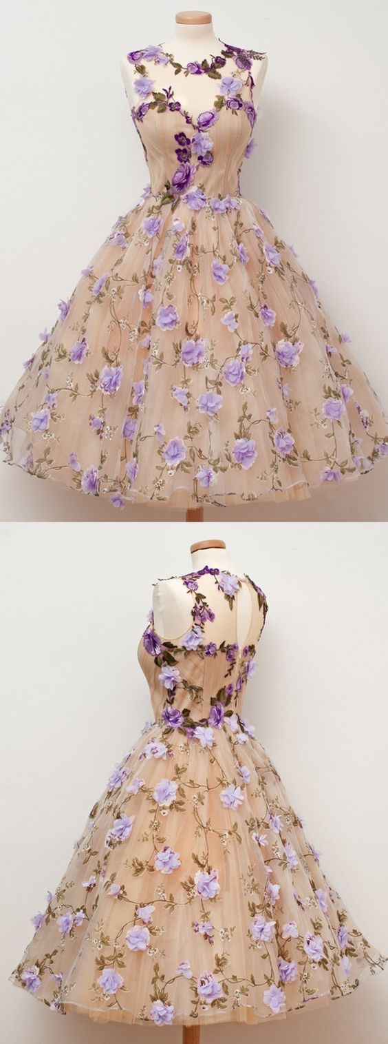 A-Line Jewel Tea-Length Open Back Champagne Tulle Homecoming Dress with Appliques Flowers cg19918