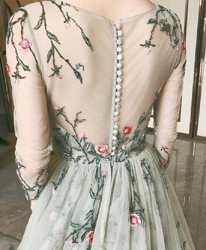 Grey Tulle Long Sleeve Prom Dresses V-Neck A-Line, Embroidery Prom Dress Long Evening Dress cg19923