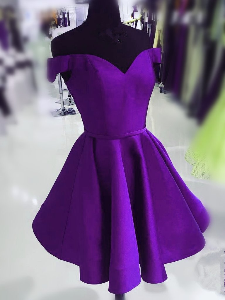 Purple Satin Off Shoulder Short Cute Homecoming Dress cg19924