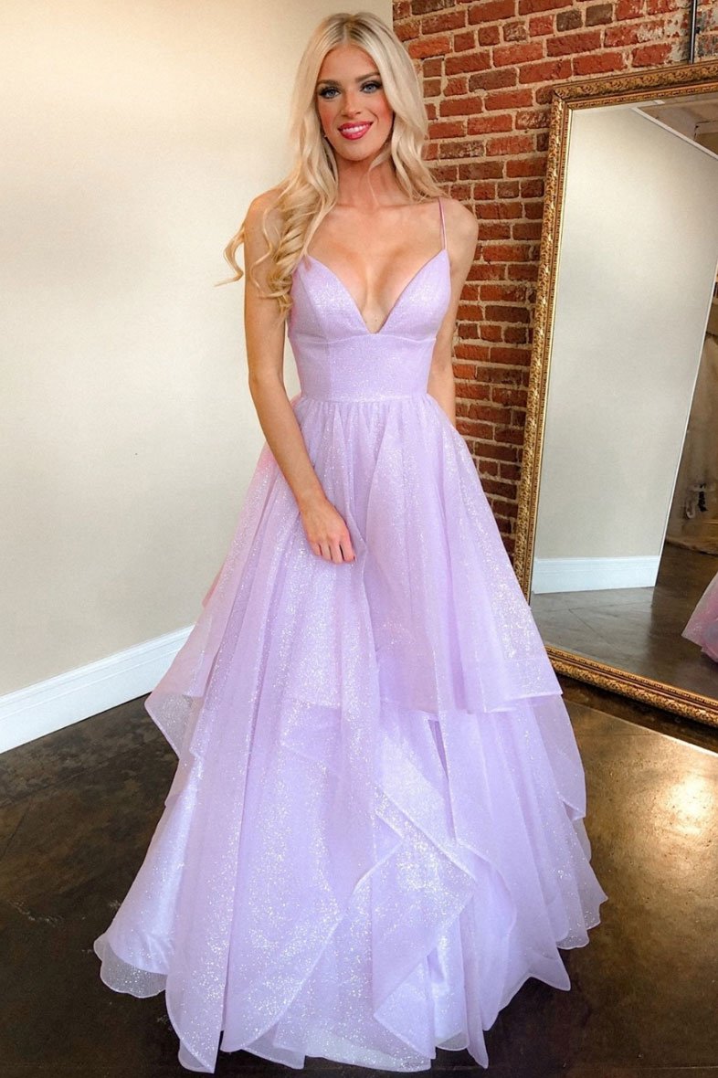 Purple v neck tulle long prom dress purple formal dress cg19928