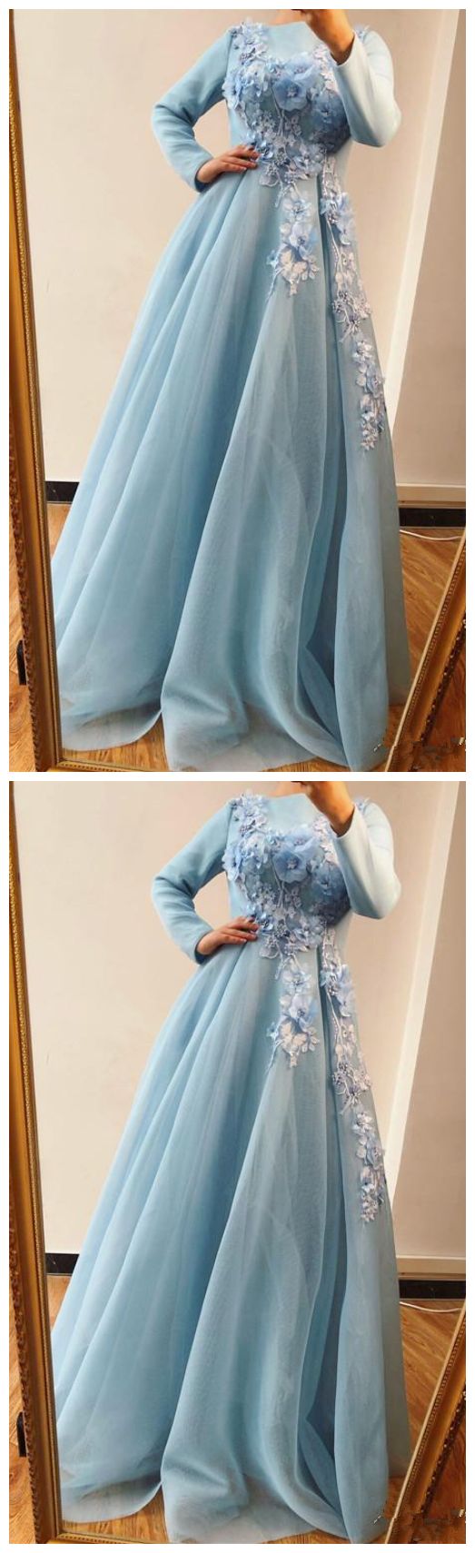 Muslim A Line Evening Dresses Beaded 3D Handmade Flowers Blue Long Sleeve Organze Prom dresses cg19961