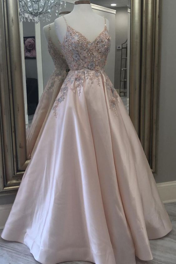 A-line pink satin long prom dress formal dress with v neckline and lace appliques cg19976