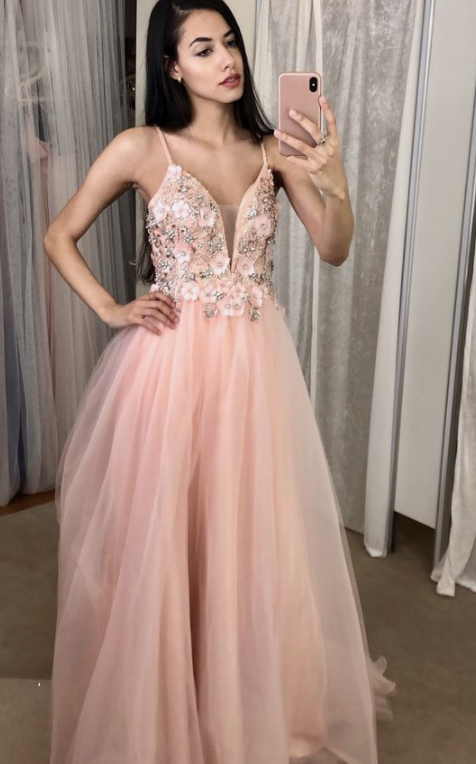 A-line pink long prom dress formal dress with v neckline cg19979