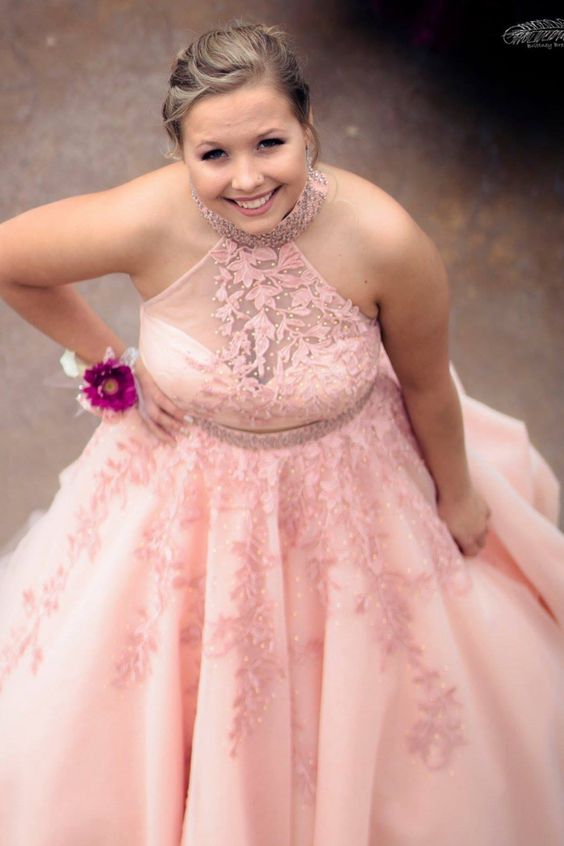 princess two piece pink lace appliques prom dress with high neck cg19980