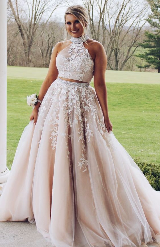 princess two piece ivory lace appliques long prom dress with high neck cg19982