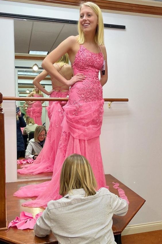 Hot Pink Lace Appliques Long Prom Dress with Lace Up Back cg19985