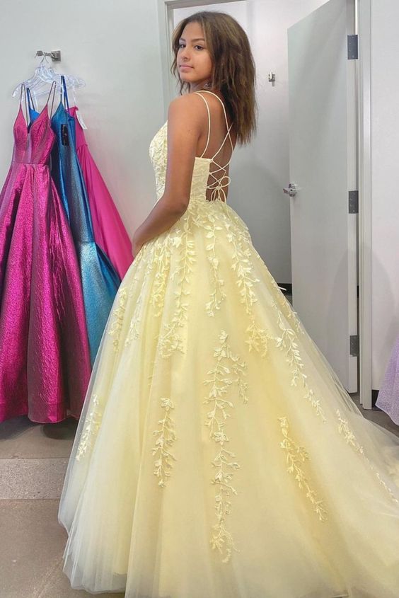 princess yellow lace appliques long prom dress formal dress cg19988