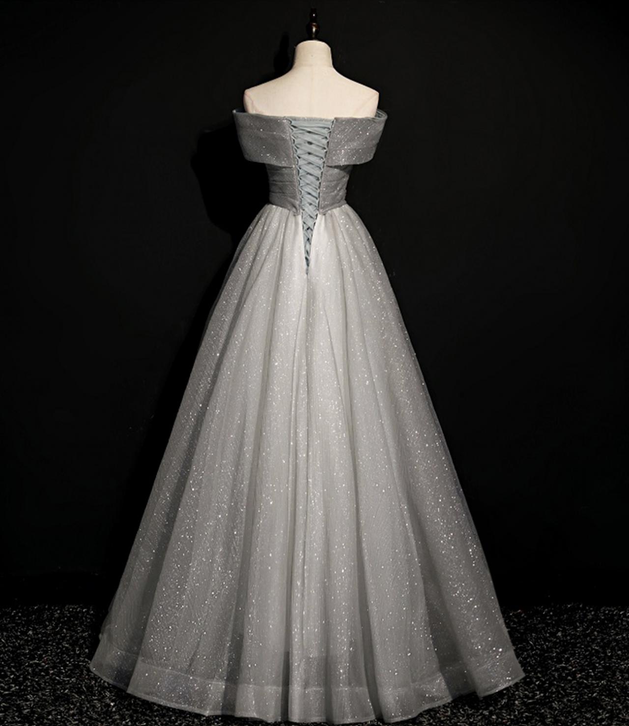 Grey tulle beads long prom dress off shoulder evening dress cg19998