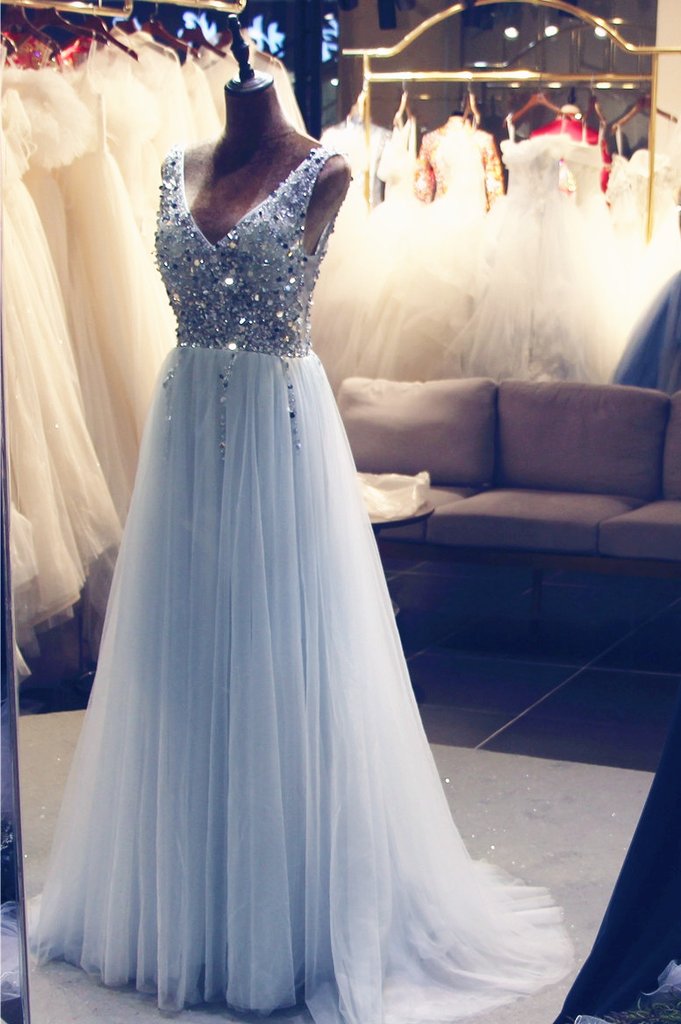 Light Blue Tulle Beaded V Back Long Formal Dress, Blue Prom Dress Wedding Party Dress cg20004