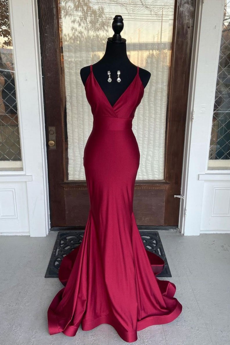 Simple burgundy v neck satin mermaid long prom dress burgundy evening dress cg20007