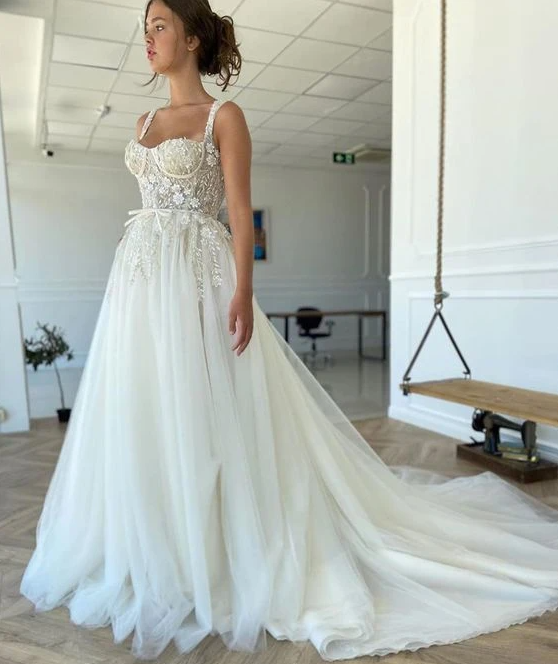 A-line Straps White Prom Dress With Lace cg20021