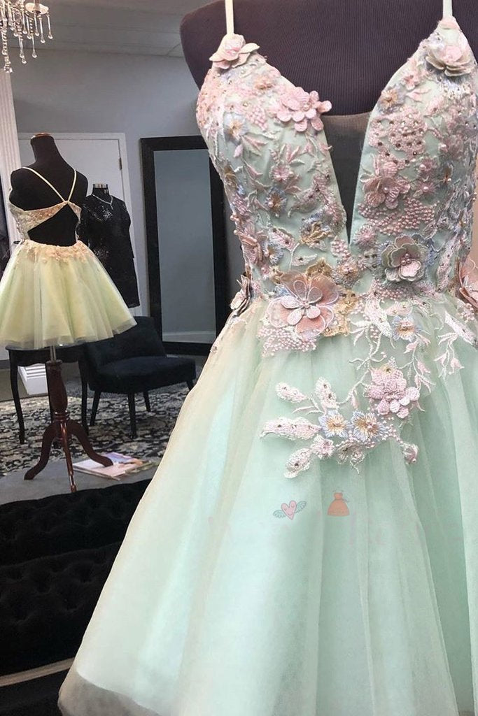 Mint Green Short Homecoming Dress with Flowers, Mini Tulle Graduation Dress with Pearls cg20030