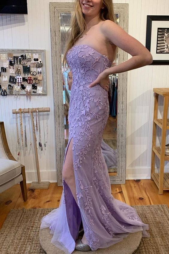 mermaid lavender lace long prom dress with strapless and side slit cg20048