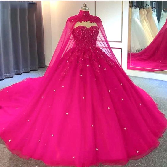 Hot Pink Detachable Cape Quinceanera Sweet 16 Ball Gown Prom Dress cg20065