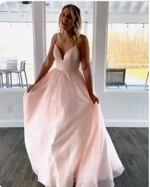 Elegant V-neck Prom Dress, Spaghetti Straps Pink Prom Dress cg20092