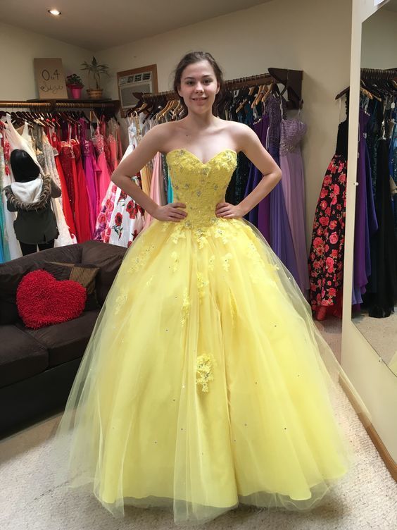 Sweetheart yellow tulle lace long prom dress cg20097