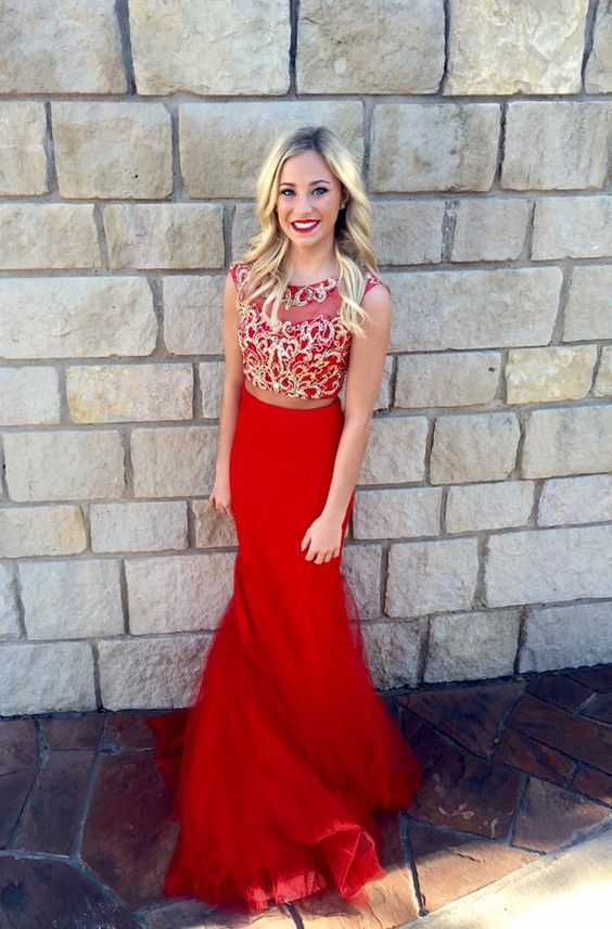 Two piece red long prom dress, beading top formal party dress cg20098