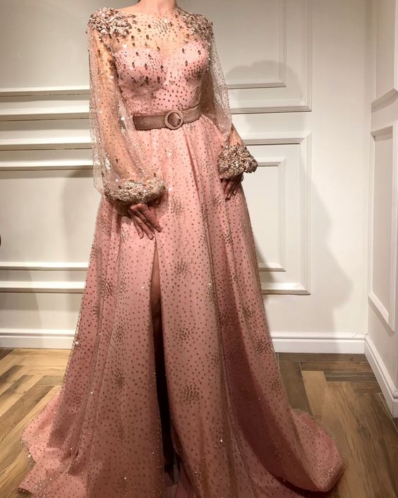 Long Sleeve A Line pink Long Floor Length Prom Dresses cg20110