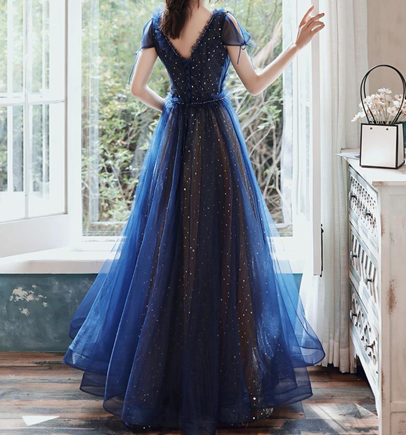 Stars Moon Sequins Prom Dress Navy Blue Long Evening Dress V Neck Banquet Dress cg20120