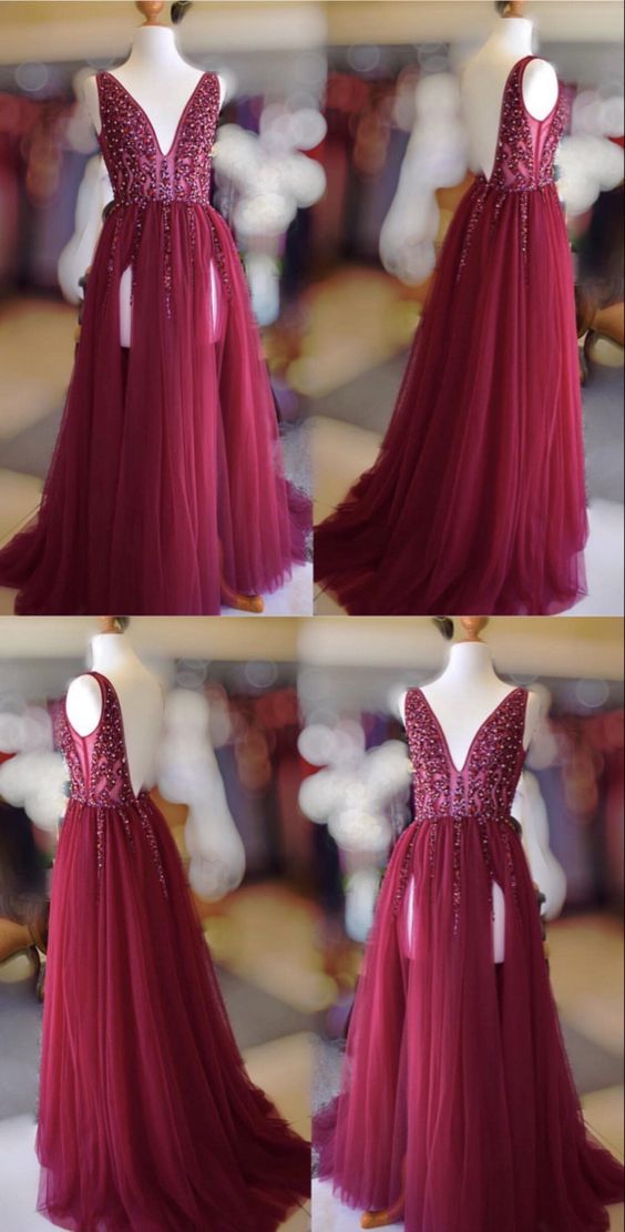 Long burgundy tulle double split formal prom dresses sequins beaded v neck evening gown cg20124