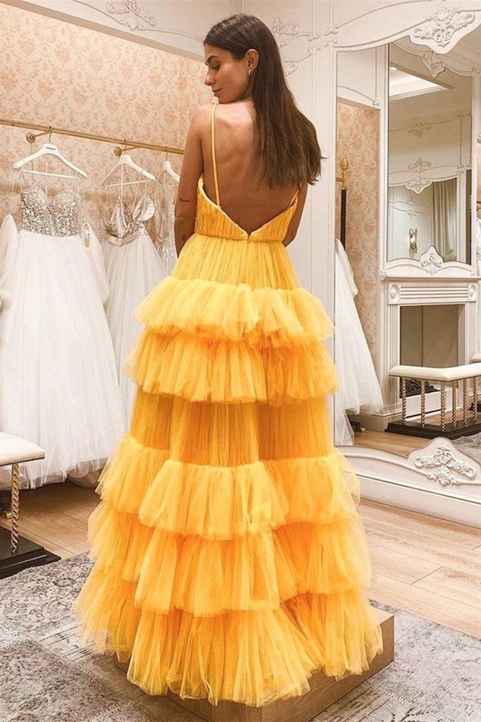 V Neck Backless Yellow Tulle Layered Long Prom Dresses, Layered Yellow Formal Evening Dresses cg20145